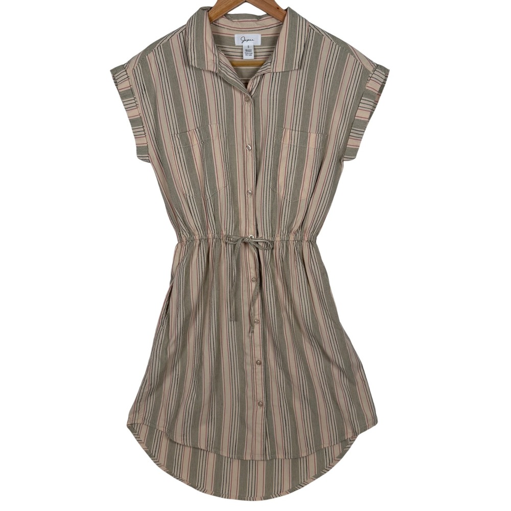 Japna Shirt Dress Womens Small Tan Striped Button Front Elastic Waist Pocket